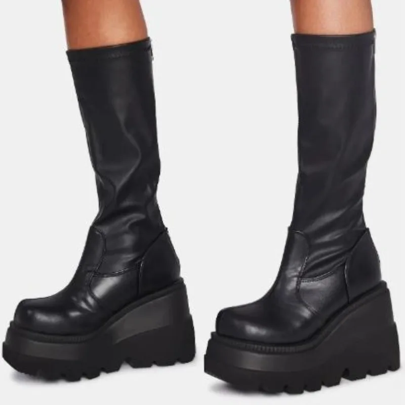 Women's Platform Boots Punk Mid-calf Ladies Boots Gothic Style Thick-soled Motorcycle Knight Boots Designer Fashion Women Shoes
