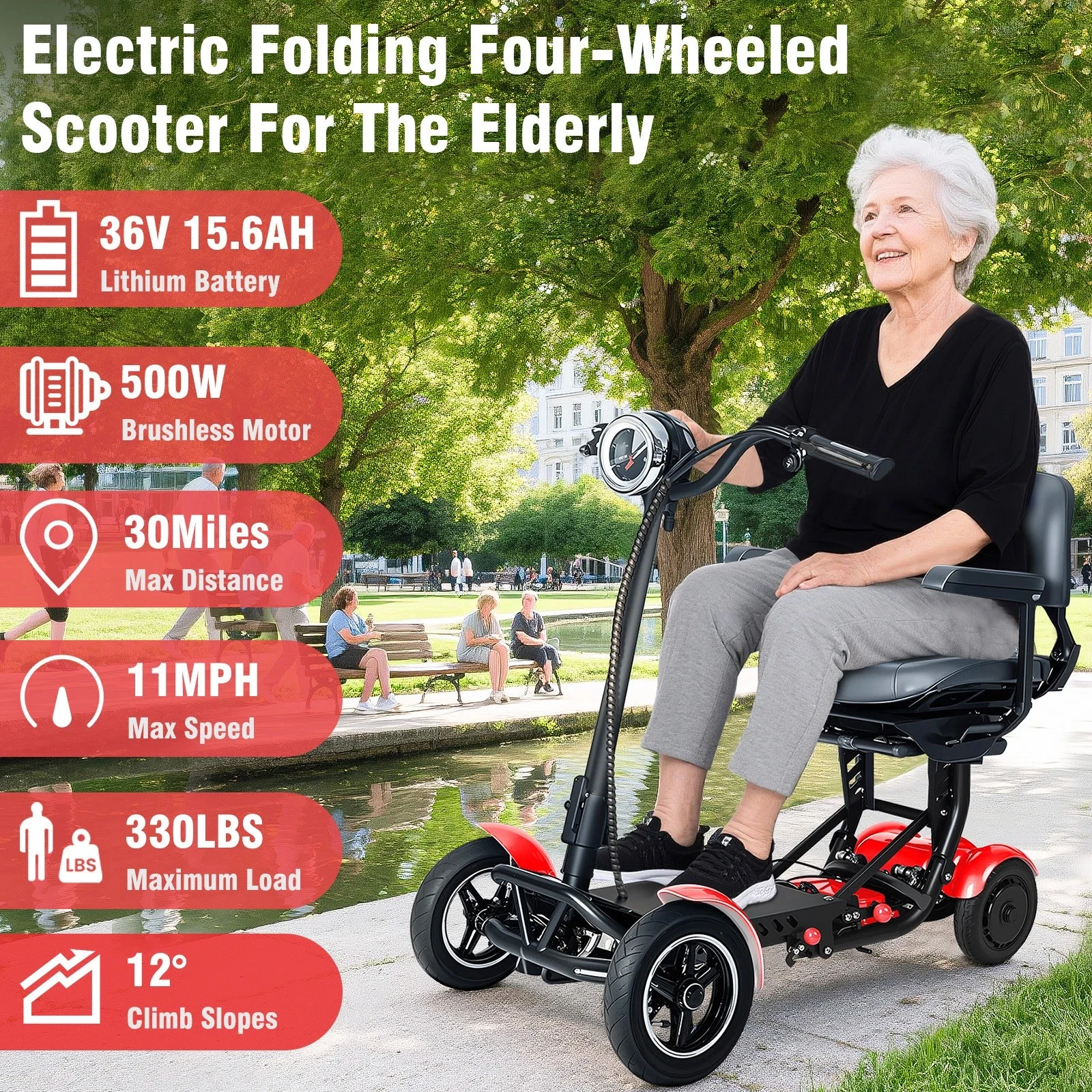 Folding 4-Wheel Mobility Scooter for Seniors & Adults – Lightweight Electric Scooter with Basket, 500W Dual Motor, 11MPH, 30-Mil