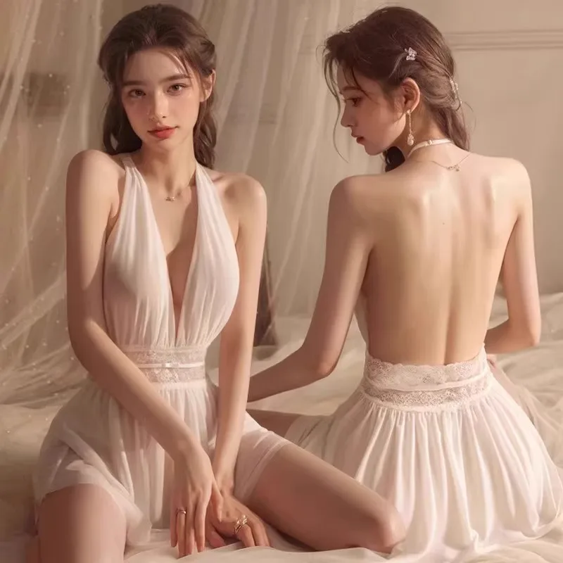 Sexy Off-shoulder Chiffon Lingerie, Deep V-neck Backless Dress, Pajamas, Uniforms, Sheer Nightgowns, Temperament Lingerie. image 3