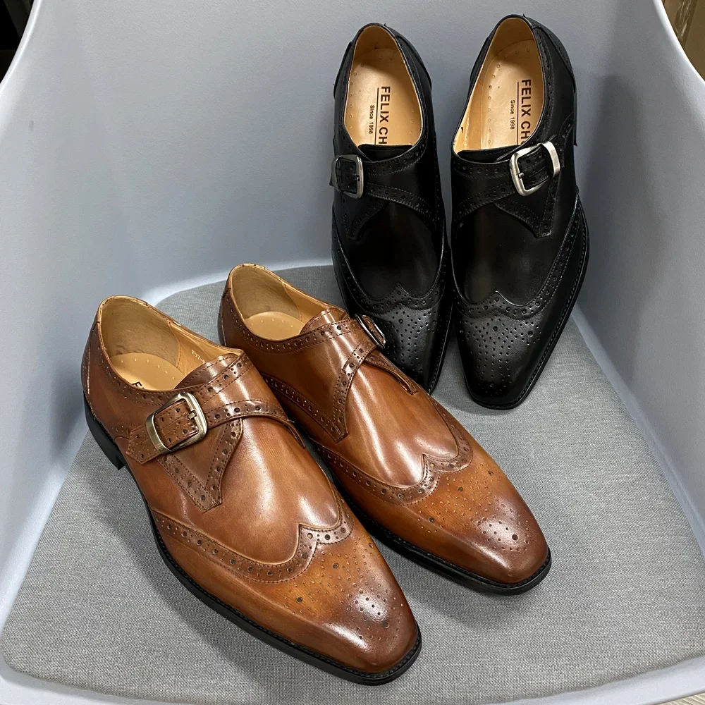 Men\'s Luxury Genuine Leather Wingtip Oxfords Italian Monk Strap Buckle Brogue Dress Shoes for Business Wedding Formal Wear