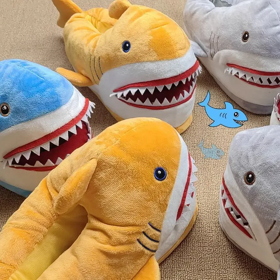 

2024 new women's shark slippers winter warm funny pattern fuzzy home shoes 44 45 unisex plush warm indoor woman slipper