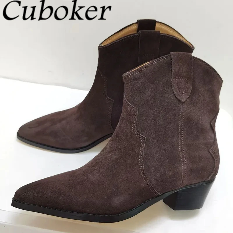 2024 Autumn Hot Sale Suede Leather Ankle Boots Women Pointed Toe Slip On Chelsea Boots Classic Chunky Heels Short Botas Mujer