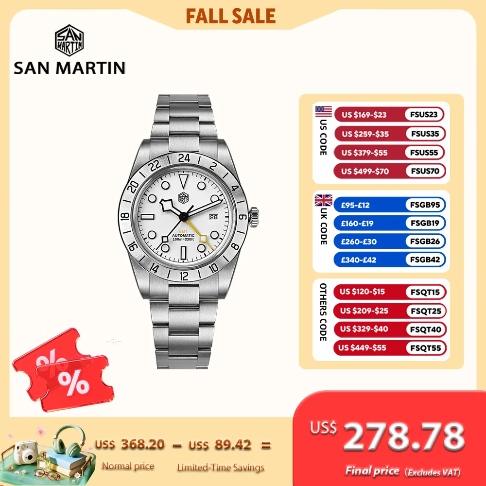 San Martin New 38.3mm BB 6460 GMT Automatic Men's Watch 3H Date Sapphire Crystal BGW-X1 Luminous Waterproof 10Bar SN0054F