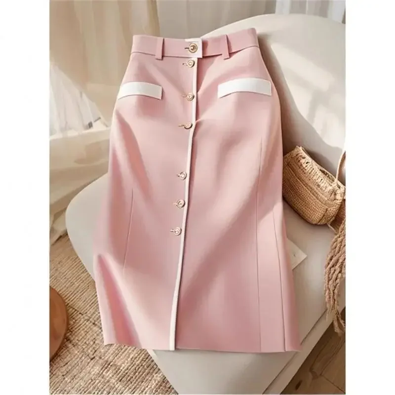 New Elegant Contrast Color Women\'s Skirt Spring Autumn High Waist Slim Single Breasted Patchwork Office Lady A-Line Skirts