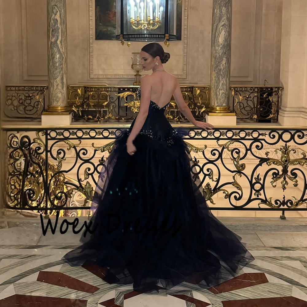 Personalizado sem alças azul marinho cetim vestido de noite sem mangas com trem varredura vestido de festa cristal a linha até o chão vestido