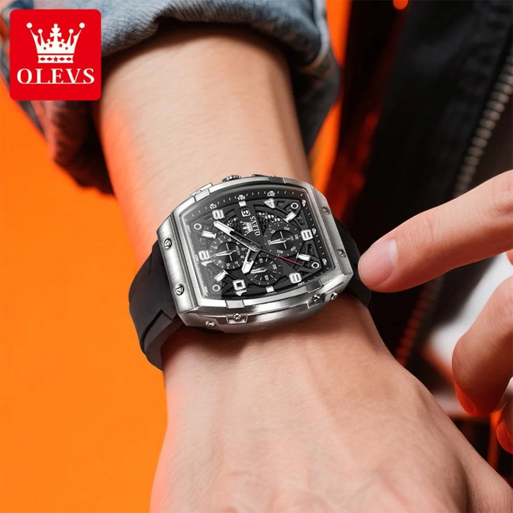 OLEVS Men Watches 2976 Luxury Fashion Tonneau Quartz Watch for Man Original Brand Movement Silicone Strap Waterproof Chronograph