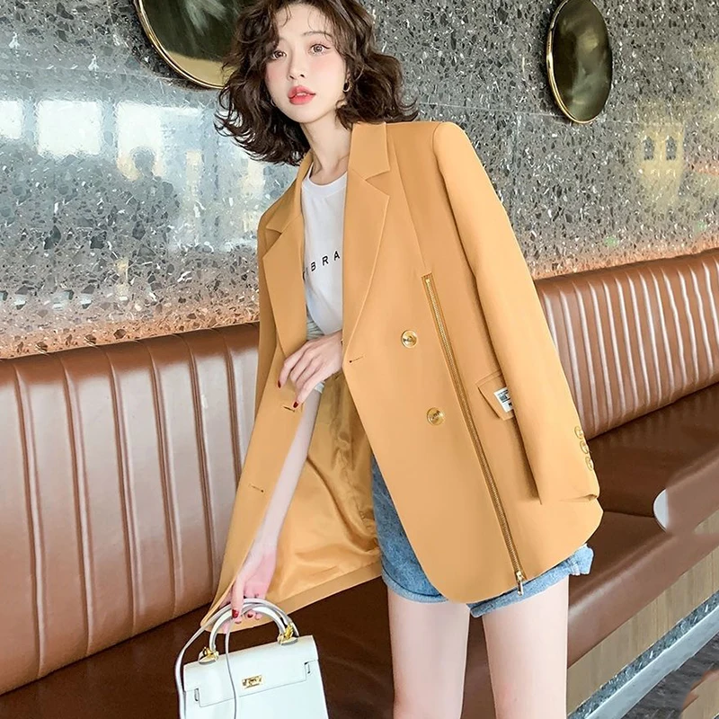 

New Spring Autumn Suit Jacket Female Fried Street Loose Suits Double Breasted Casual Blazer Office Women's Clothing Black Yellow