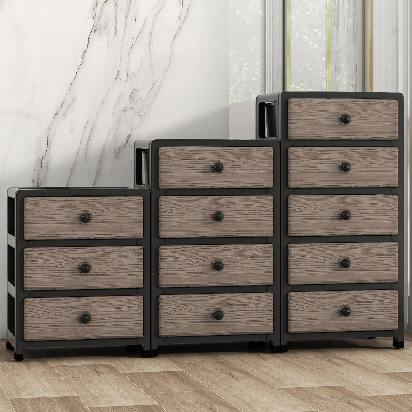 Wood-grain pattern drawer-style storage cabinet - Home bedroom multi-level bedside table - Office file organizing cabinet