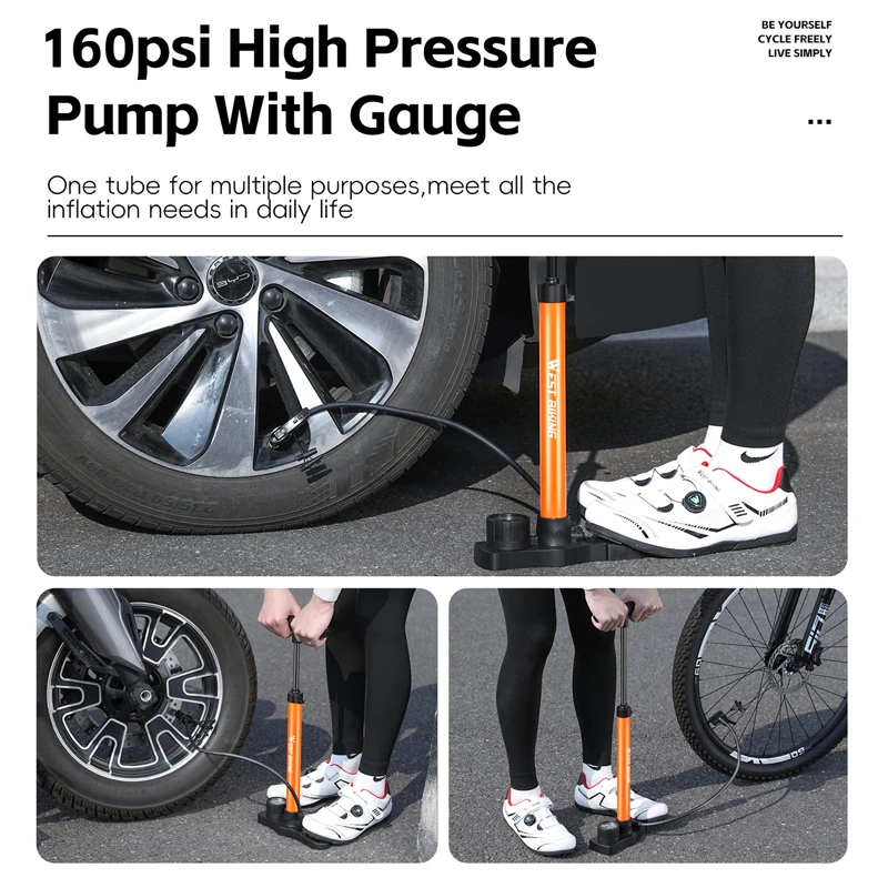 WEST BIKING High Pressure Bicycle Air Pump With Pressure Gauge 160 PSI Stainless Steel Floor Pump MTB Road Bike Tire Inflator