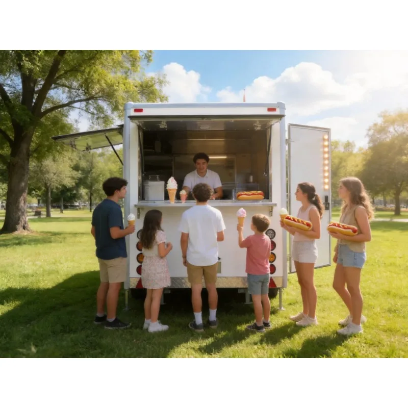 Towable Mobile Food Trailer with Full Kitchen Equipment for Candy and Fast Food Stainless Steel Frame Built-In Heater