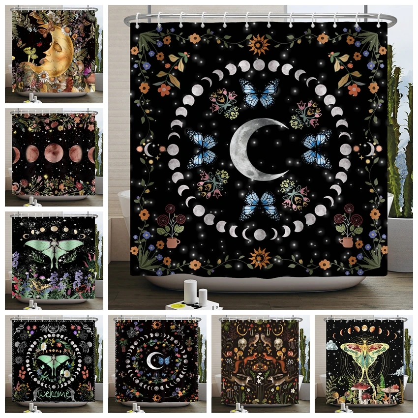 Butterfly Moth Moon Phase Shower Curtain Mushroom Floral Sun Star Plant Flower Goth Witchy Waterproof Bathroom Curtain Home Deco