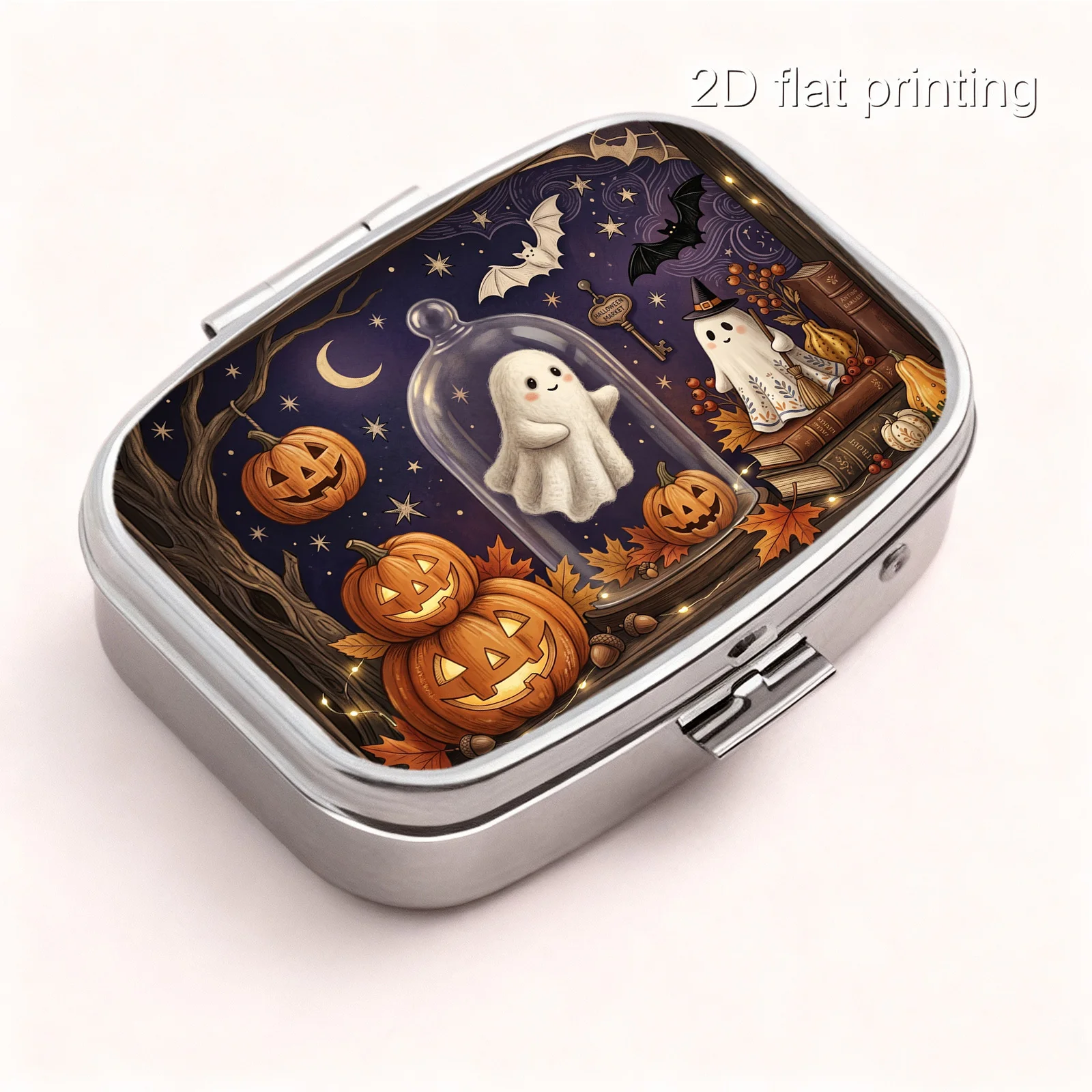 1Pc, Flat Printing, Portable Mini Double-Compartment Pill Box, Halloween Cute Ghost Pumpkin Lantern Starry Night Scene Print, Travel Medicine Storage Box, Sealed and Moisture-Proof, Capsule Vitamin Storage Box, Portable Small Pill Box