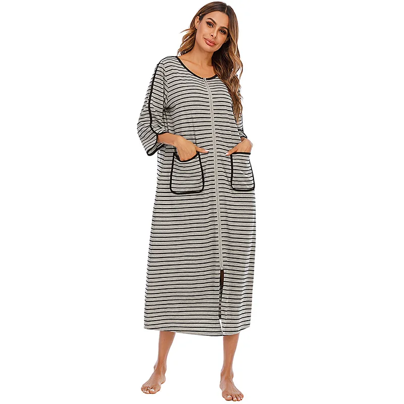 Women Long Sleepwear Soft Zipper Front Robes Autumn Nightgown Warm Striped Kimono Loungewear Maternity Bathrobe Pajamas