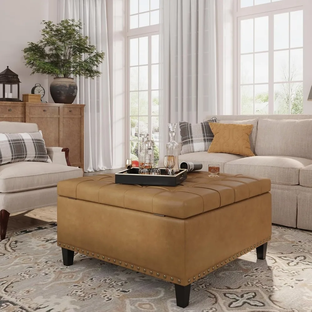 

Square Leather Ottoman with Storage, Faux Leather Coffee Table Ottoman with Lift Top, Large Upholstered Footrest Stool Toy Box