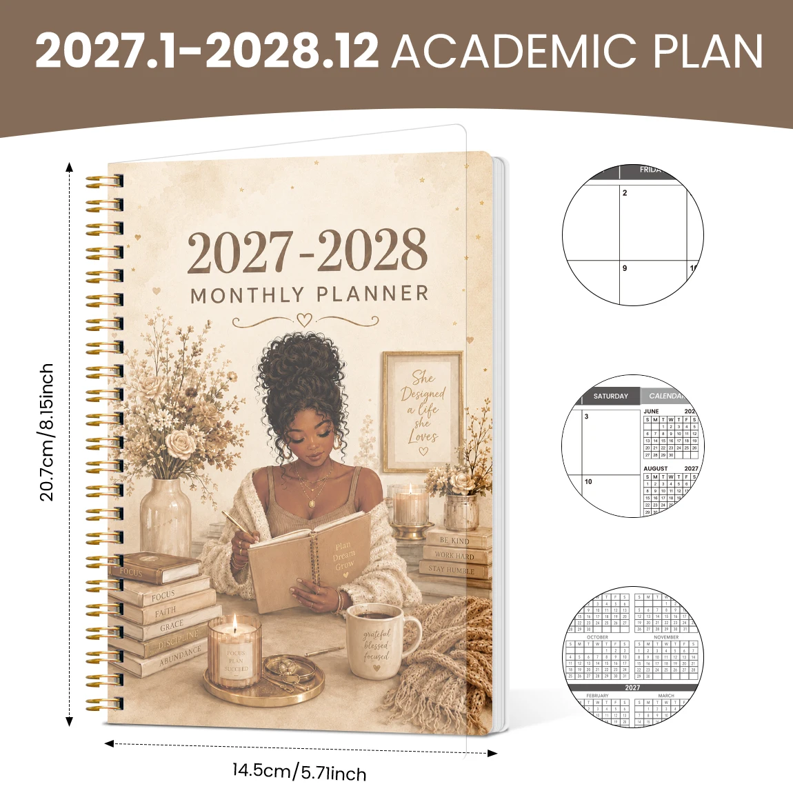1PC 2027-2028 A5 Monthly Planner Notebook with Stickers, Beige Floral Reading Spiral Organizer for Work, School & Daily Planning