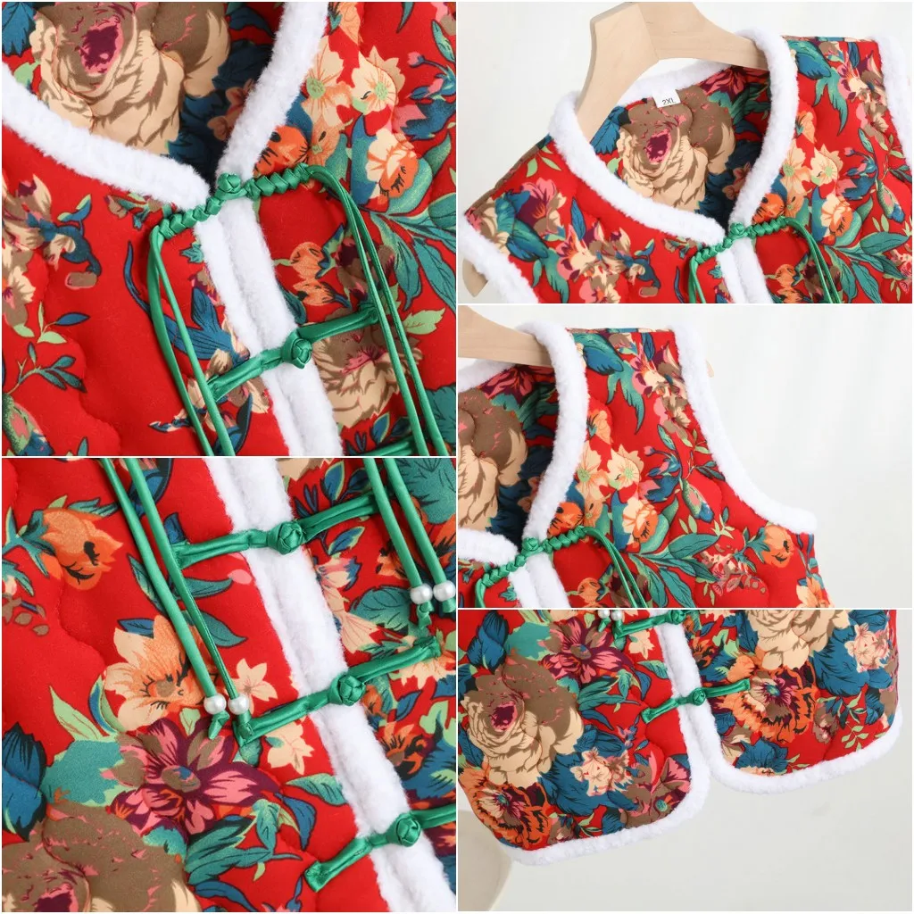 Taglie forti Bottone con nodo in stile cinese Gilet imbottito in cotone Parka senza maniche con fiori grandi nord-est Gilet peonia vecchio stile