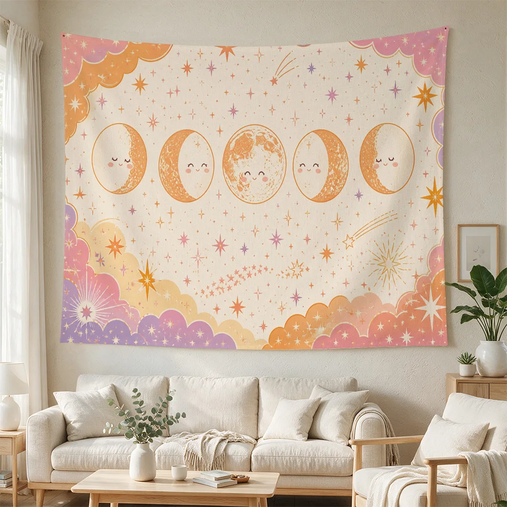 Cute Moon Stars Galaxy Nursery Wall Hanging Tapestry Boho Nursery Decor Baby Room Backdrop