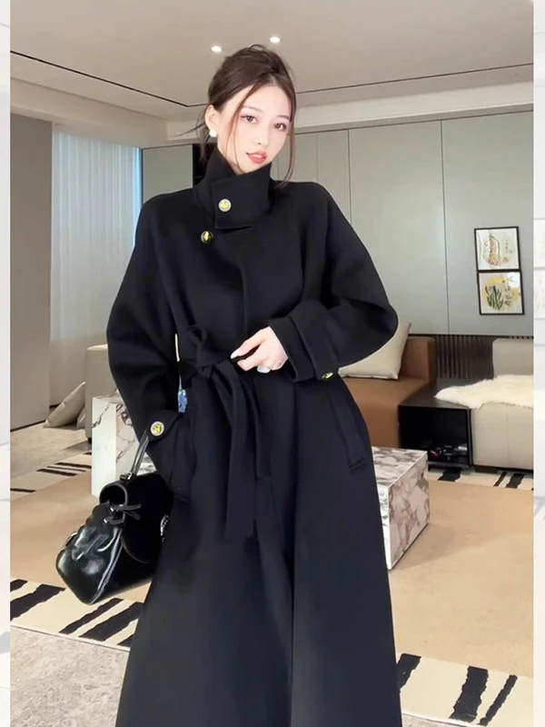 

Black Cashmere Woolen Coat Women's Mid-Length Sheepskin Outerwear Hepburn Style Korean Version Autumn Winter Fashionable