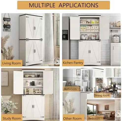 خزانة مخزن المزرعة بطول 71 بوصة مع أرفف قابلة للتعديل، و4 أبواب للحظيرة، باللون الأبيض الريفي #4