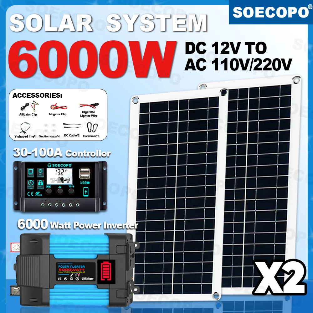 

SOECOPO 6000W Complete Autonomous Solar Kit 100A Controller Off Grid Solar System Home Camping DC 12V - AC 110V/220V Inverter