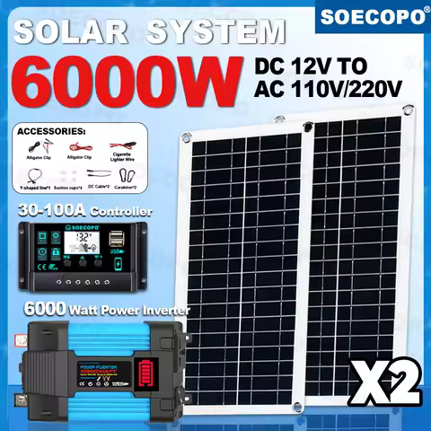 SOECOPO 6000W Complete Autonomous Solar Kit 100A Controller Off Grid Solar System Home Camping DC 12V - AC 110V/220V Inverter