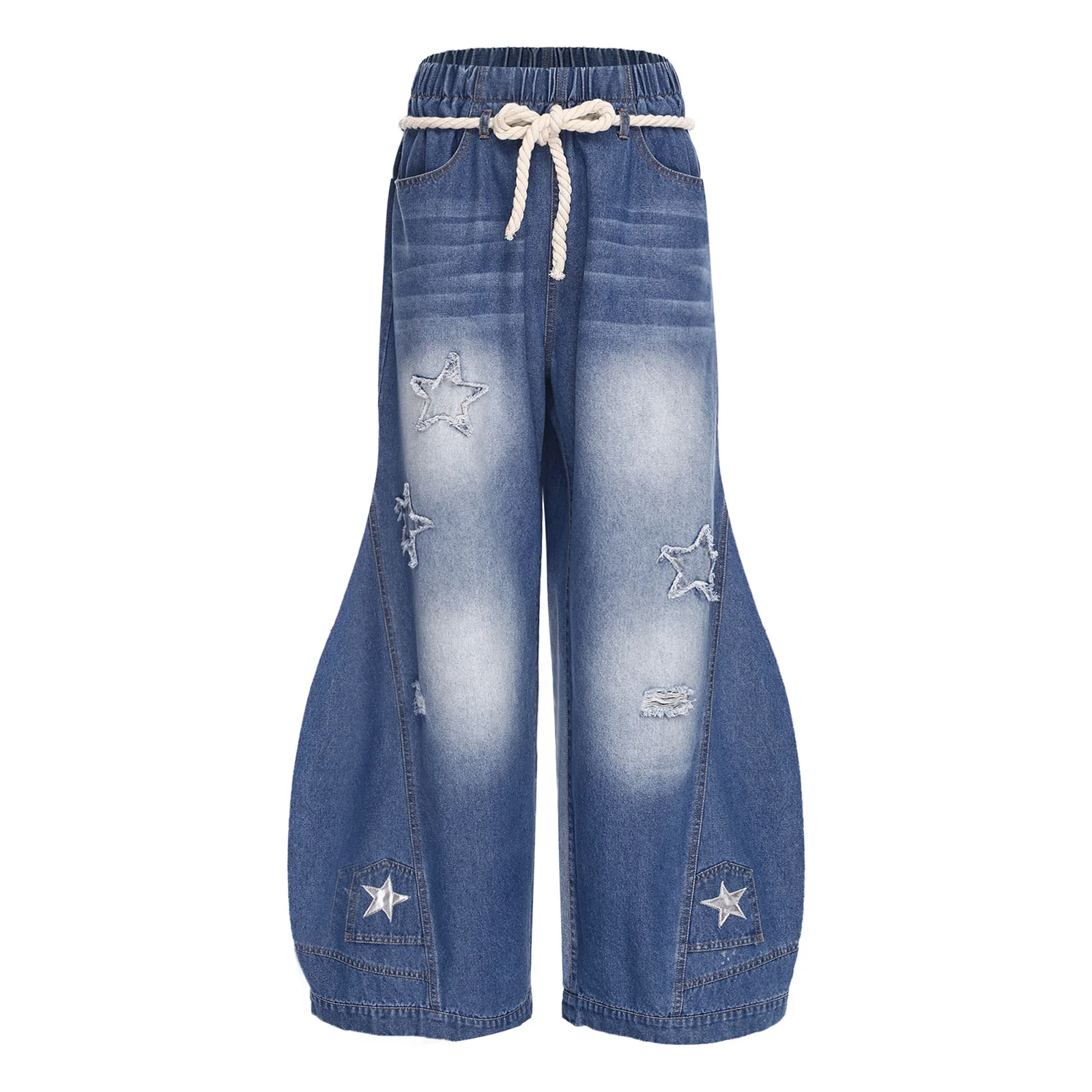 

Women Y2K Baggy Jeans Star Patchwork with Raw Edge Ripped Barrel Denim Pants with Rope Drawstring Chic Pants for Daily Going Out