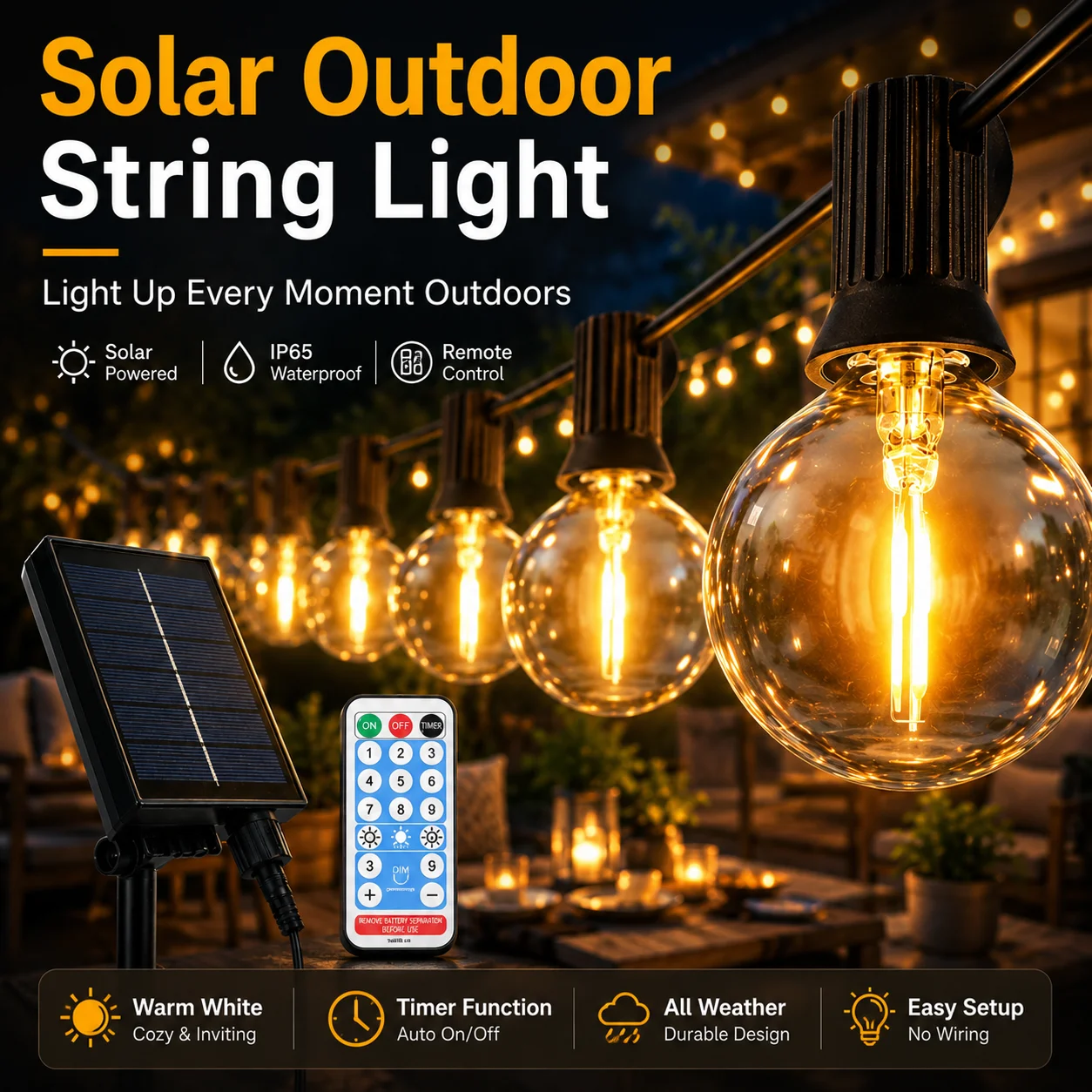 Guirlande solaire d'extérieur 110V/220V LED G40, guirlande solaire pour fête d'anniversaire en plein air, lampe de patio, lampe solaire pour mariage