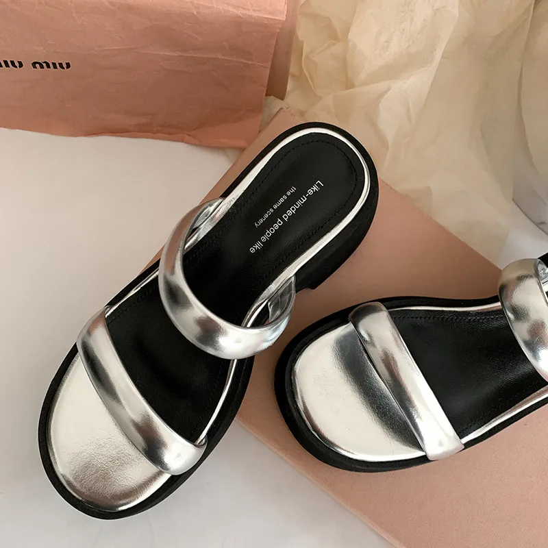 MKKHOU Fashion Sandals Women's New High Quality Genuine Leather Thin Belt Elevated Thick Sole Slippers Summer Beach Shoes