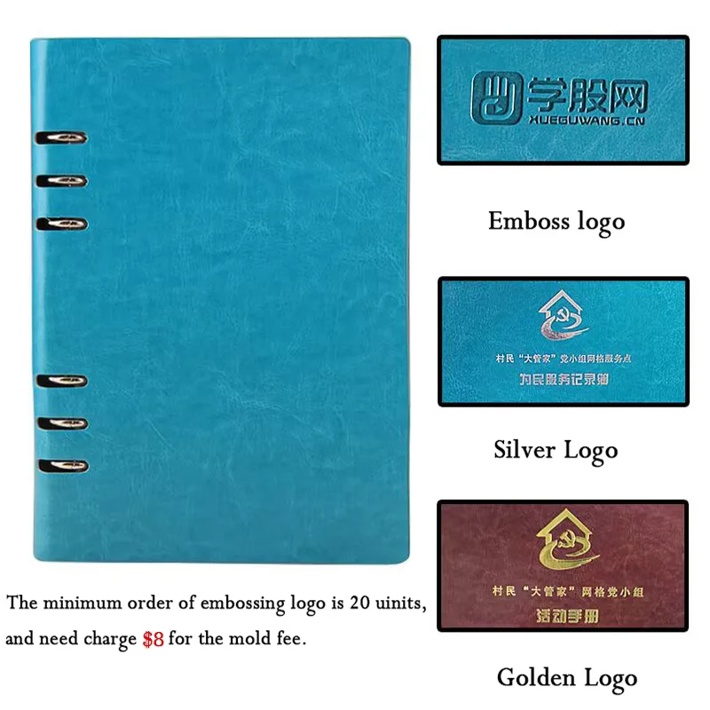 Logo Custom PU Leather A5 Notebook Big A4 Planner Binder Loose leaf Diary Office School Mini A6 Notepad with 6 Rings