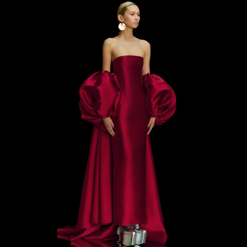 Elegant Prom Dresses 2024 Burgundy Satin Lantern Sleeve Bespoke Occasion Gown Straight Strapless Ankle Length Dresses