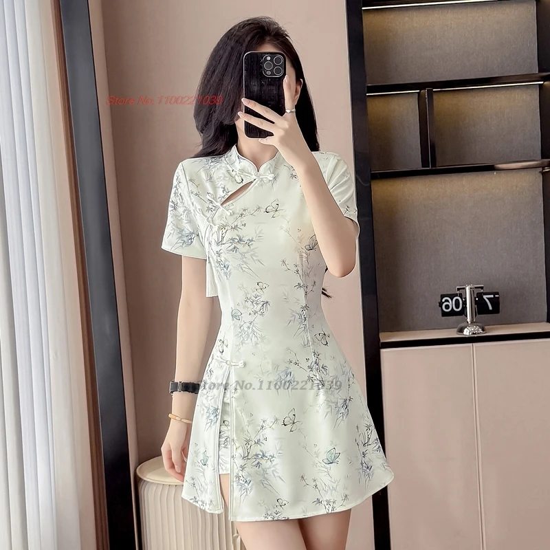 

Улучшенное китайское платье Cheongsam 2021, сексуальное платье для банкета и ночного клуба, платье Ципао с цветочным принтом + шорты, элегантное рабочее платье для спа-салона в отеле