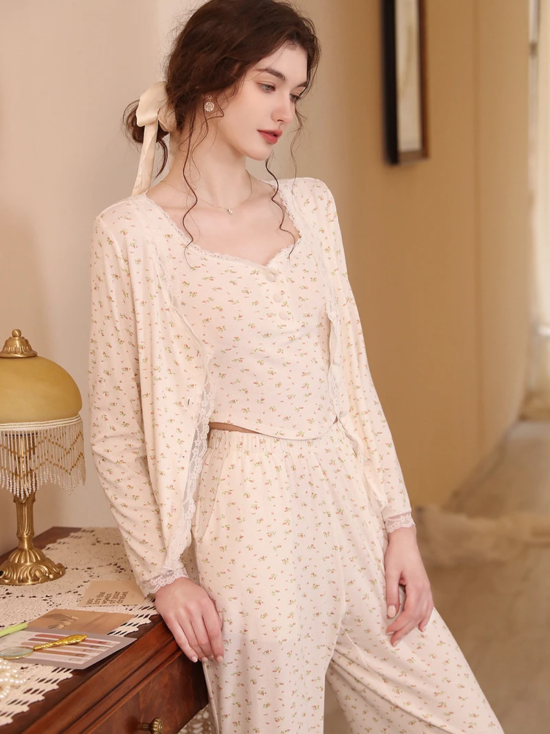 

Women French Spring Print Cotton Lace Pajamas Sleepwear Three Piece Suits Cardigan Pants Feminino Sweet Girls Korean Lounge Sets