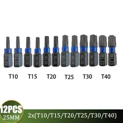 New 6/12PCs Torx Screwdriver Bit T20 25mm Magnetic Tamper Resistant T10-T40 Solid Star Wrench Drill Bit Set 1/4'' Shank Hex