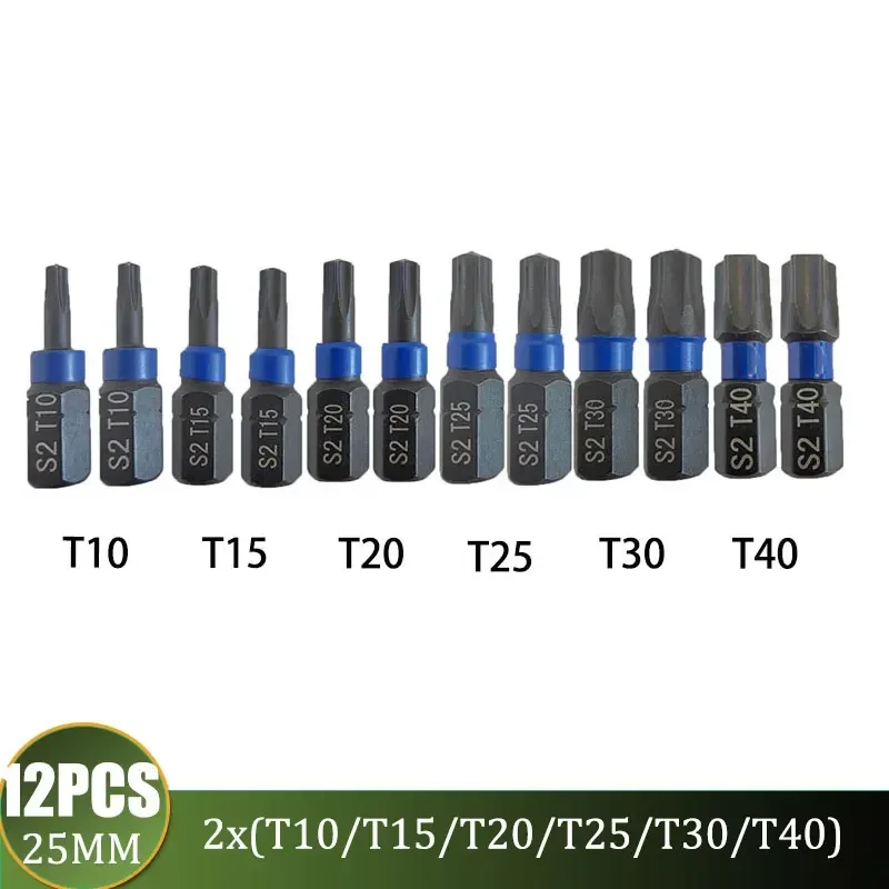 torx chave de fenda bit t20 25 mm magnetico inviolavel resistente t10 t40 solido estrela chave broca conjunto hex haste novo 12 pecas 01