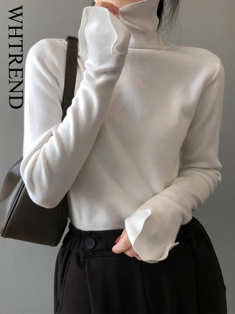 

WHTREND Knitted Sweater For Women Solid Color High Neck Long Sleeve Slim Fit Korean Style Base Pullover Autumn Winter WH1184