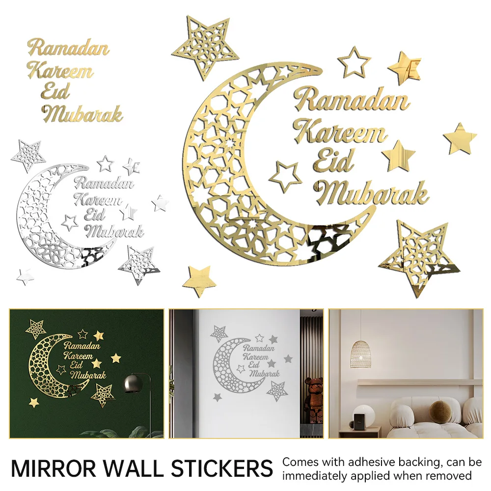 1PC Acrylic Mirror 3D Stereo Wall Sticker Stars Moon Ramadan Middle Eastern Style Home Creative Sticker Decoration Gold/Silver