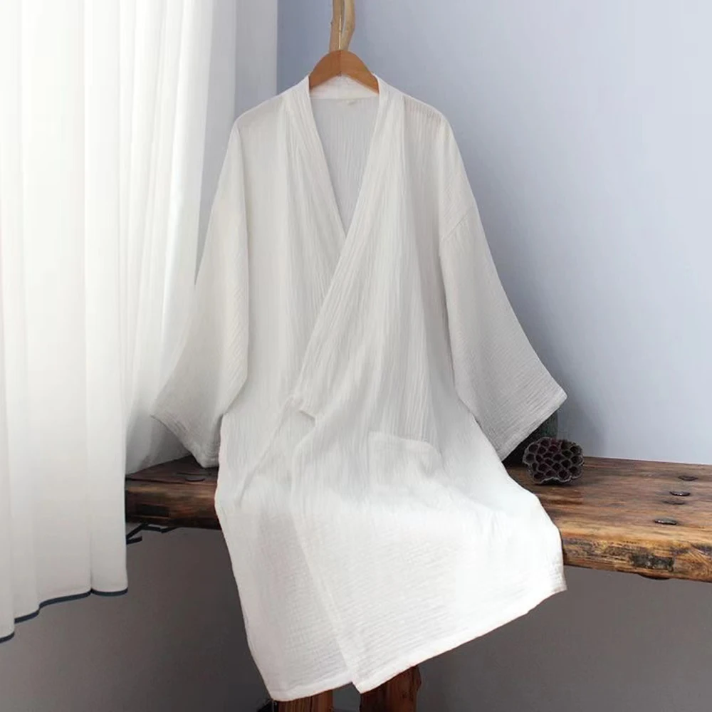 Chinese Style Pure Cotton Hanfu Robe White Comfortable Loose Home Pajama Vintage Tea Art Men Women Inside Bathrobe Large