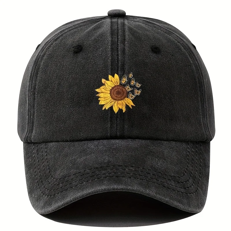 1pc Unisex Sunshade Washed Distressed Baseball Cap With Sunflower Butterfly Pattern For Outdoor Sport, Ideal choice for Gifts