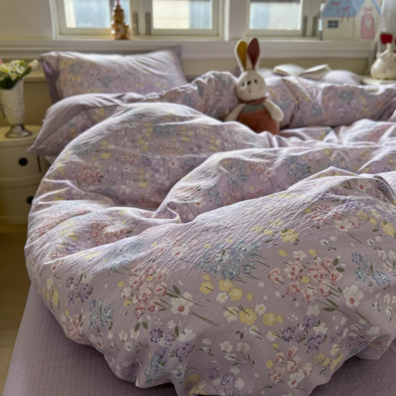 Purple Flower Duvet Cover Sets Soft housse de couette Single/Queen/King Size Washed Cotton Bedding Quilt Cover with Pillowcase