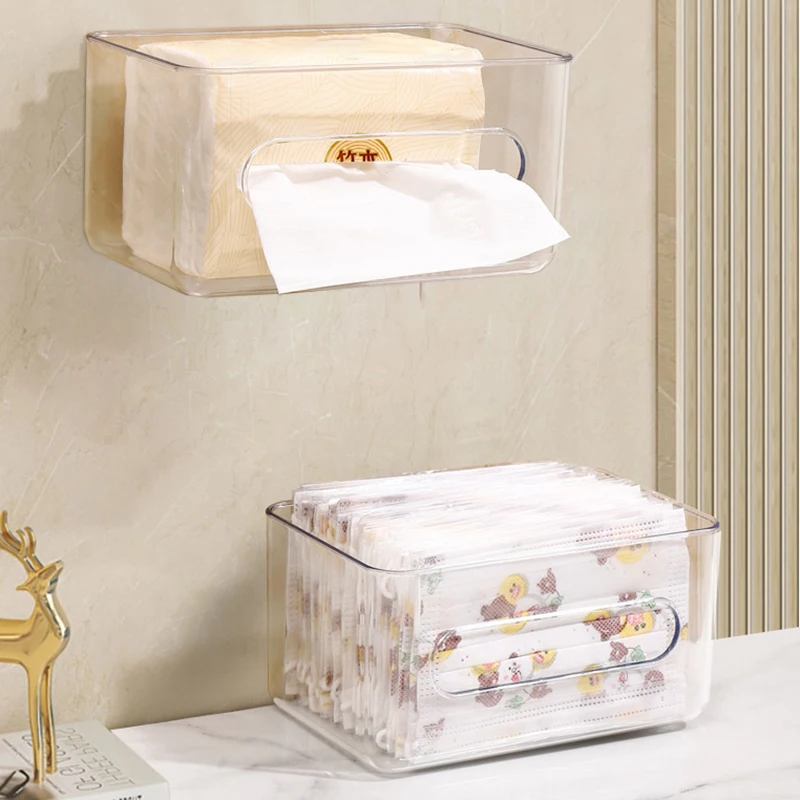 Transparent Storage Box Wall Mounted Tissue Box Large Capacity Disposable Mask Holder Free-punching for Home Office