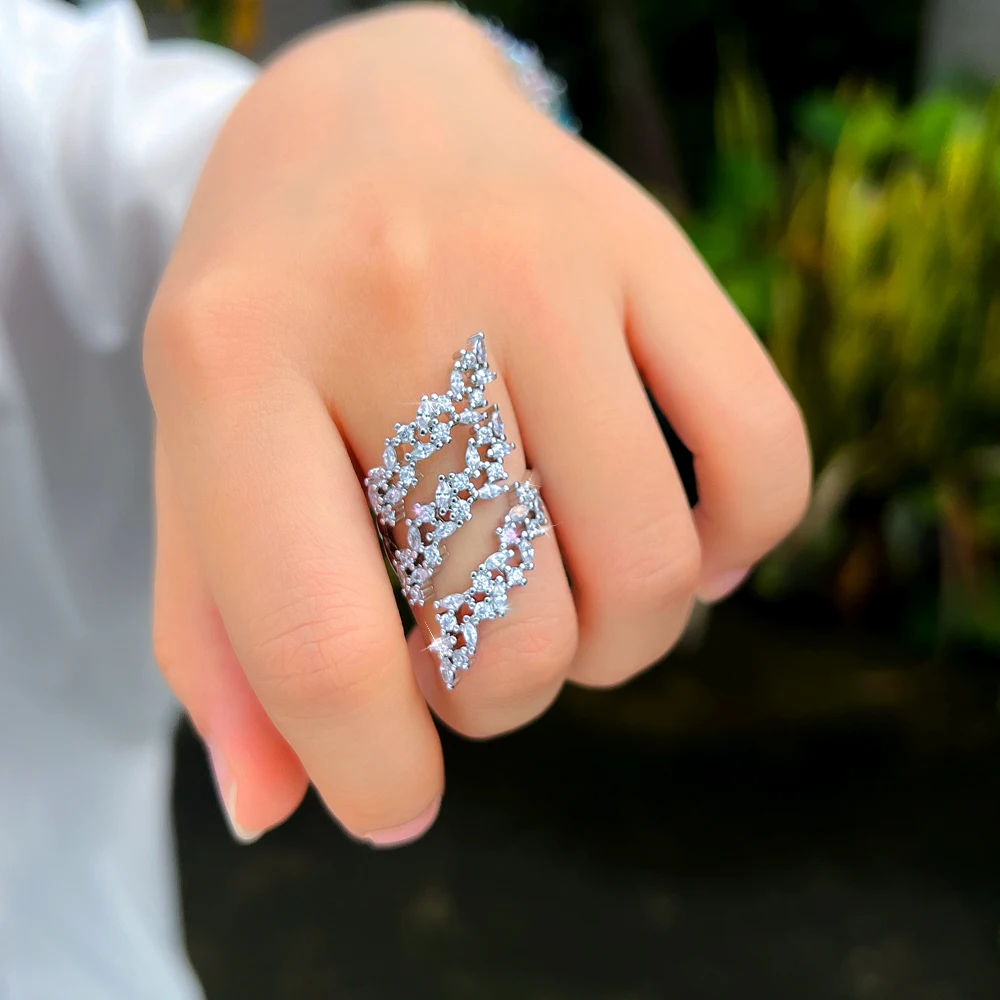 CWWZircons Adjustable Multiple Cubic Zirconia Leaf Shape Big Long Wrap Finger Ring for Women Luxury Wedding Jewelry Gifts J0195