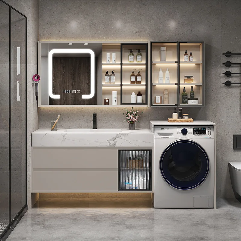 

Шкаф для стиральной машины с кремовым ветром, встроенный туалет, каменная плита, бесшовный умывальник, умывальник, комбинация шкафа для ванной комнаты