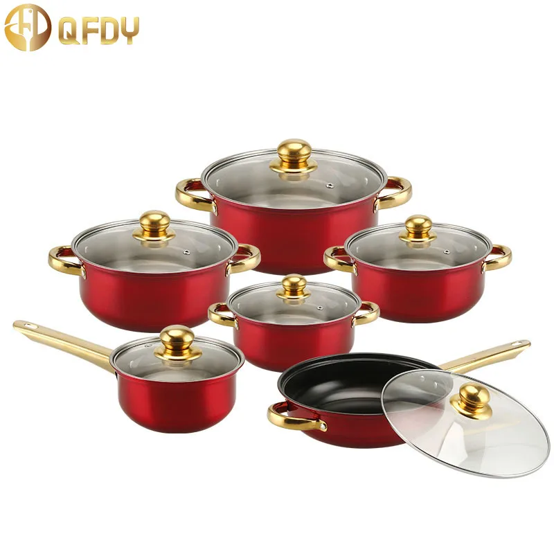 Hot Sale Kitchware Pots Set 12-piece colorful  non-stick gold plated handle cookware set pots Stainless Steel Soup Pot