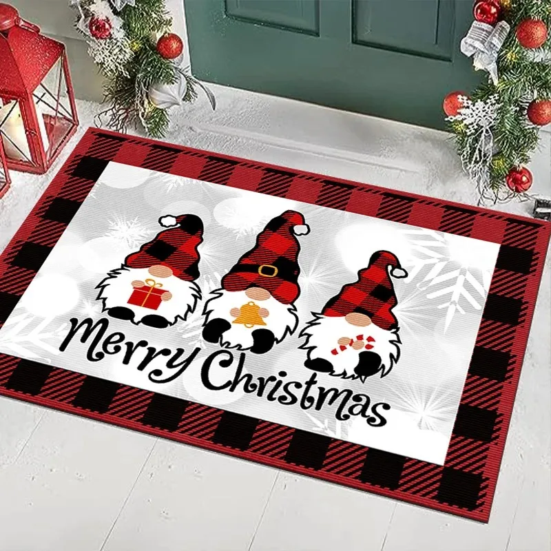 Festive Christmas Gnome Carpet Mat Traditional Red Plaid Rug Happy New Year Snowflakes Xmas Gift Home Decoration Floor Mats Rugs