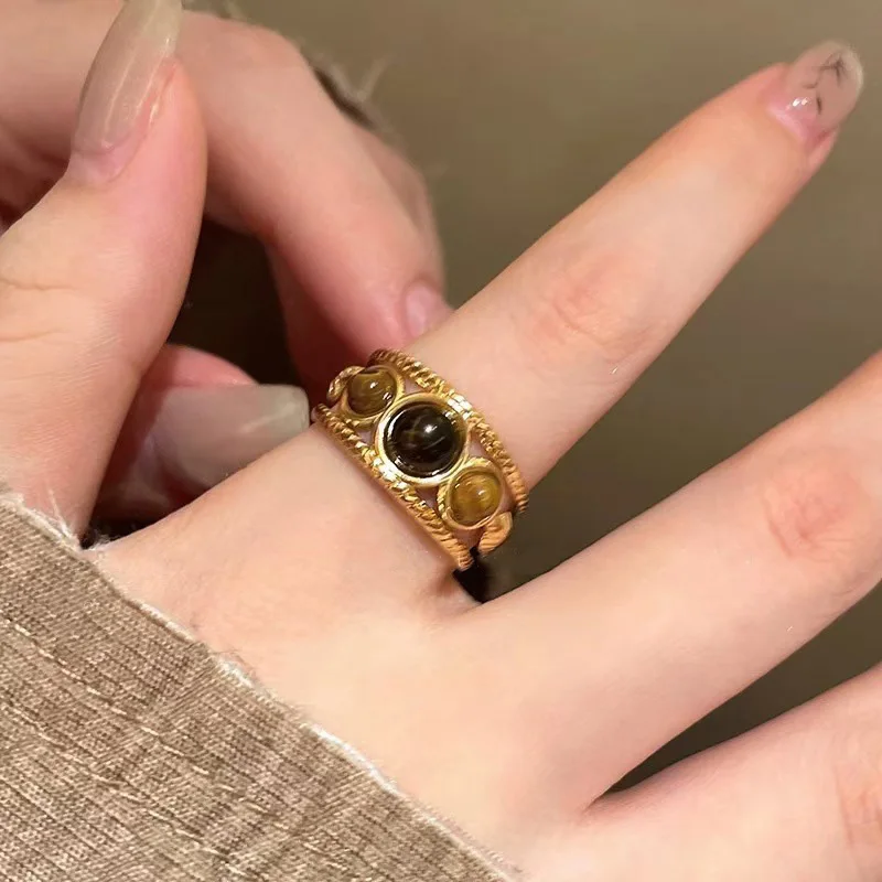 Sun Opal Stone Rings for Women Vintage Irregular Opening Ring Gold Color Design Aesthetic Jewelry Accessory Female Anillos Gifts