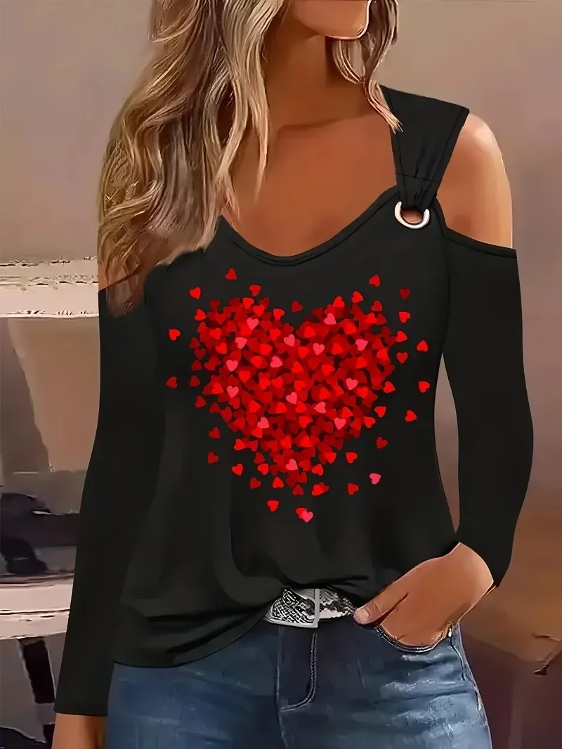 Plus Size Women Fashion 1XL-5XL T-shirt Damska seksowna koszulka z długim rękawem i odkrytymi ramionami Ladies Love Printed Fashion Top