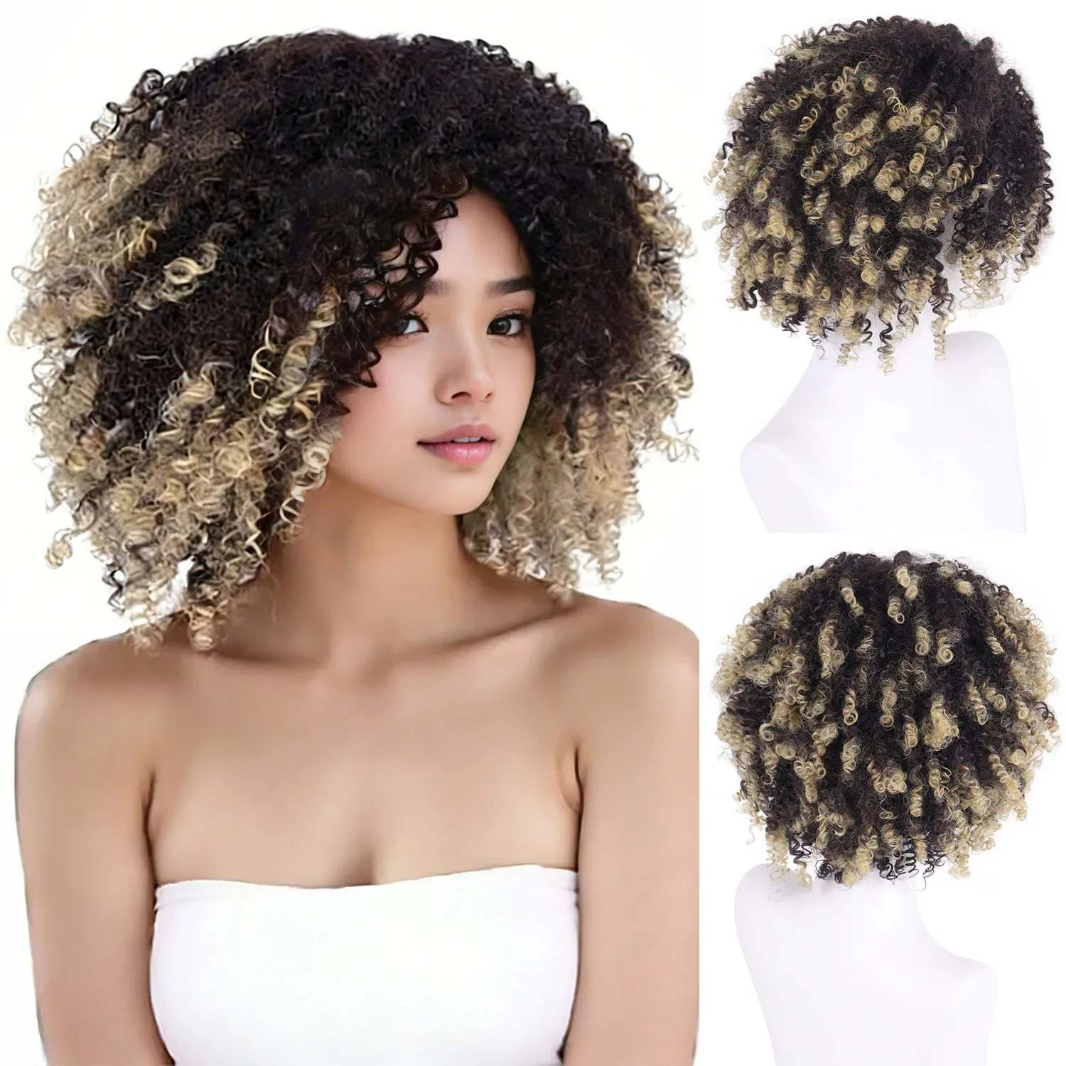 

Synthetic Wigs 14 Inch Short Afro Curly Ombre Black to Blonde Fluffy Kinky Curly Wig for Women Daily Party Cosplay Easy to Wear