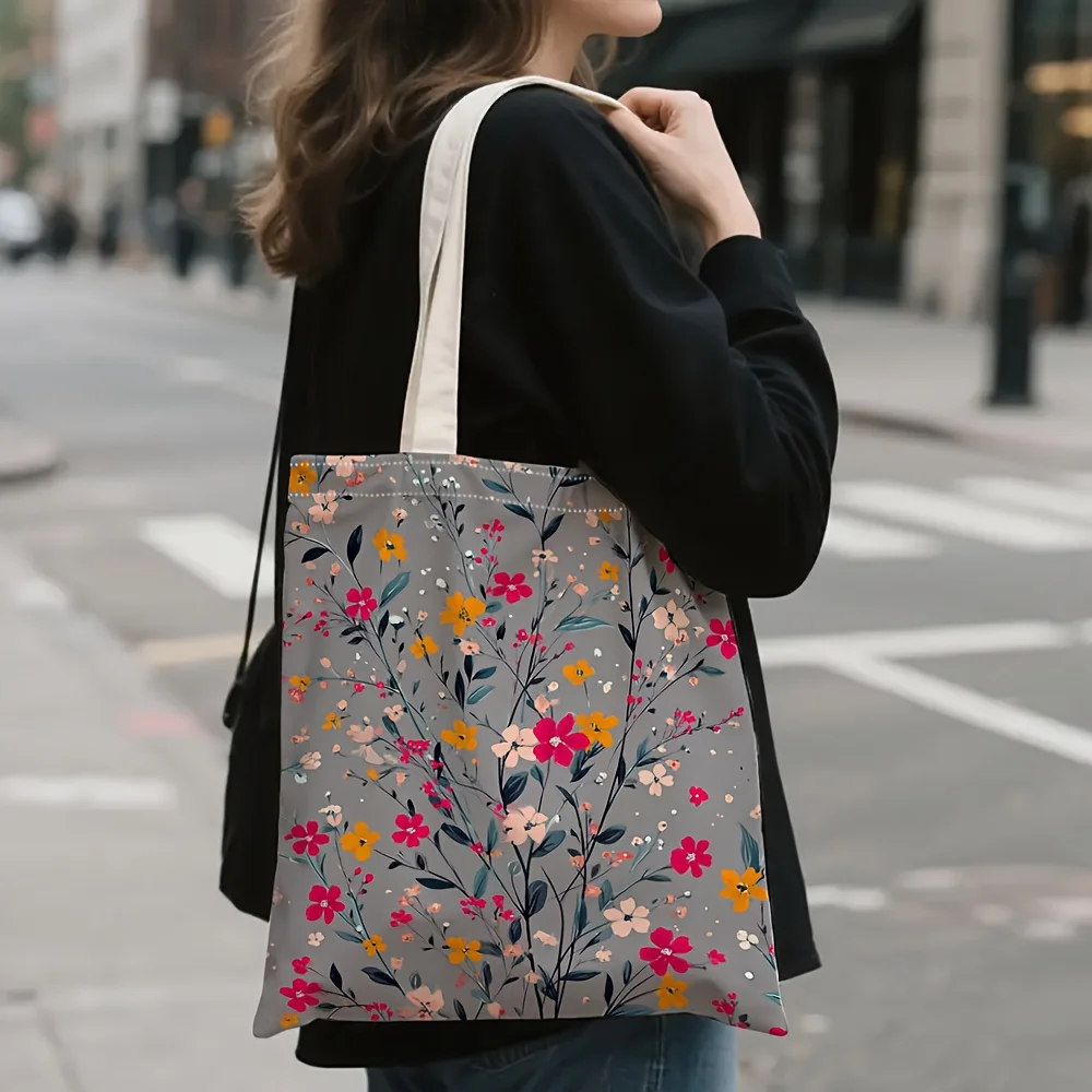 1pc Gray Background Wildflower Floral Printed Tote Bag, Reusable Shopping Bag, Suitable for Daily Use, Shopping, School, Travel