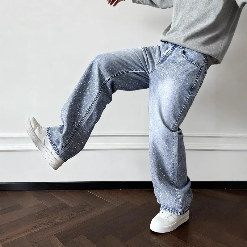 

KEXU Men Heavy Rhinestone Loose Jeans Trendy Sparkly Full Drill Denim Long Pants Streetwear Trousers For Young Guys
