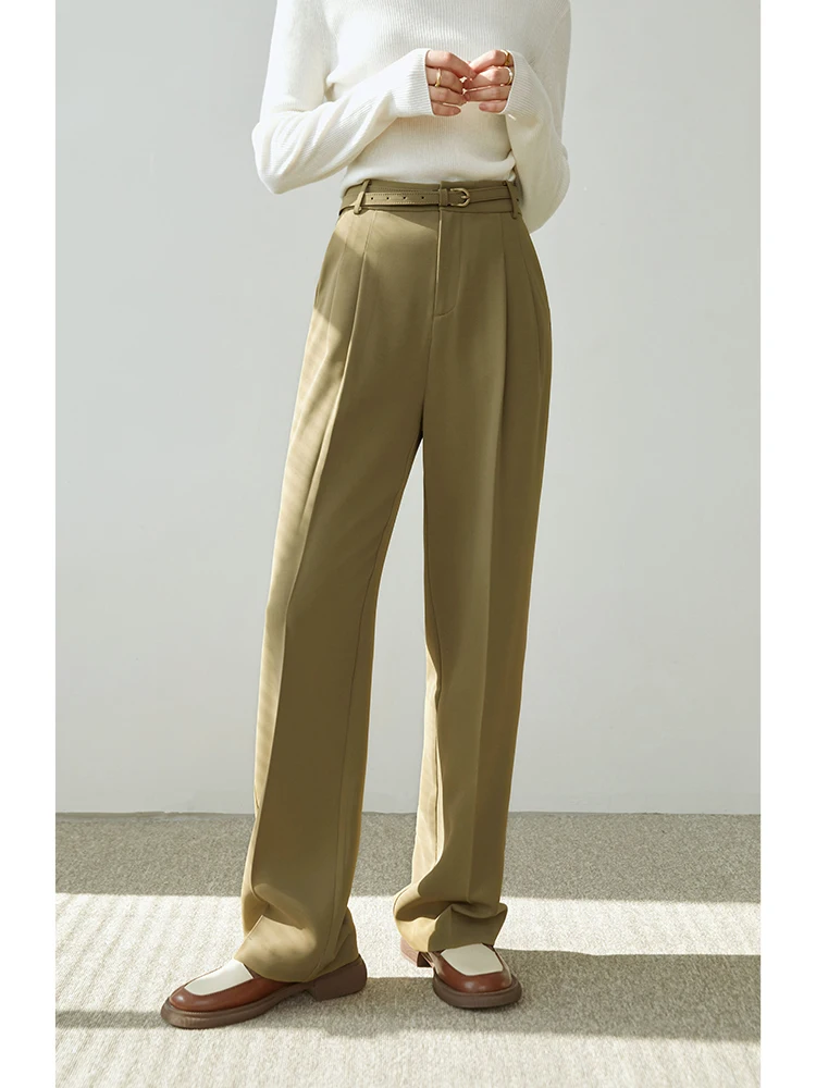 ZIQIAO Commuter Style High Waist Women Suit Mopping Pants Autumn Vertical Straight Tube Casual with Belt Female Suit Trousers